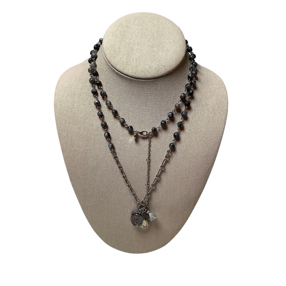 Elizabeth and James Silver Tone Sunburst Coin Beaded Charm Necklace Boho F17-16